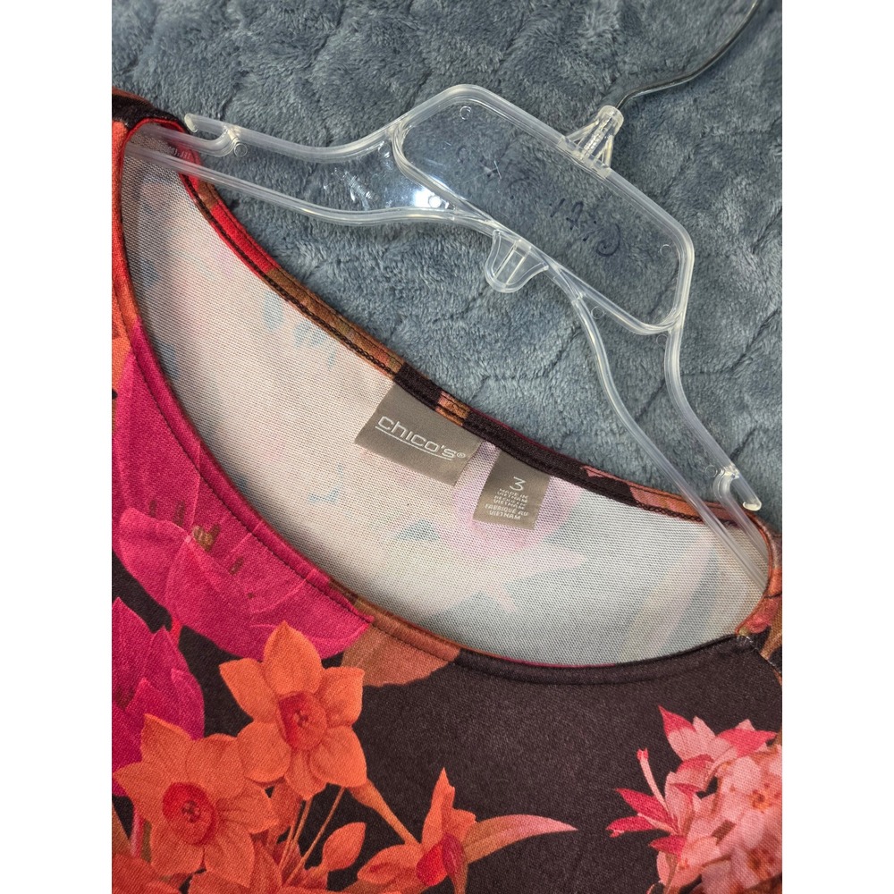Chico's Floral Side-Tie Knit Top 3/4 Sleeve Brown Red Orange Size 3 XL